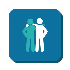 Companionship icon showing two people stood next to each other with arm on each others shoulders