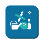 Blue icon representing hobbies with an image of a watering can, a paintbrush, also a bowling ball and skittle.