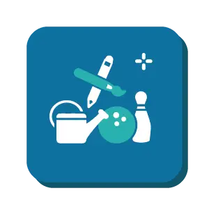 Blue icon representing hobbies with an image of a watering can, a paintbrush, also a bowling ball and skittle.