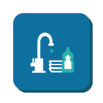 Blue domestic tasks icon, including a tap, plates and washing liquid.