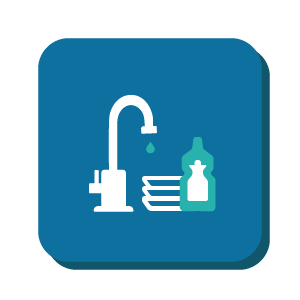 Blue domestic tasks icon, including a tap, plates and washing liquid.
