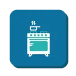 Meal preparation icon including image of an oven, stove and a pan with steam.