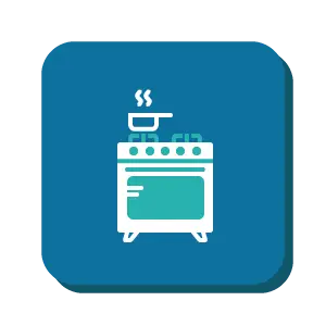 Meal preparation icon including image of an oven, stove and a pan with steam.